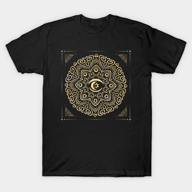 Golden Mandala with Moon and Star Inside T-Shirt by devaleta